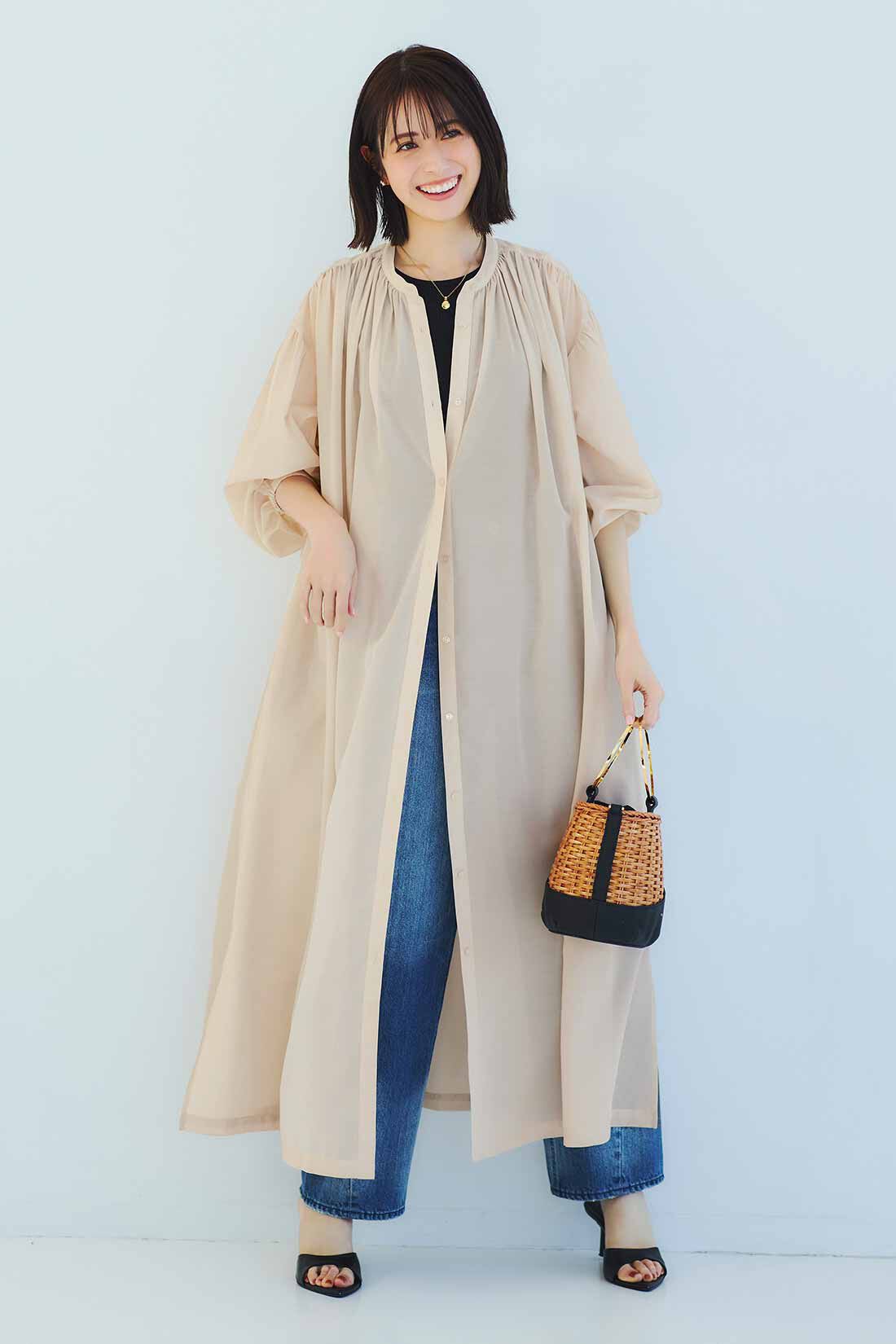 DRECO by IEDIT|【3～10日でお届け】野々村友紀子さん×IEDIT[イディット]　たっぷりギャザーが間違いない！ 大人のあれこれ華麗に隠すシャツワンピース〈グレージュ〉