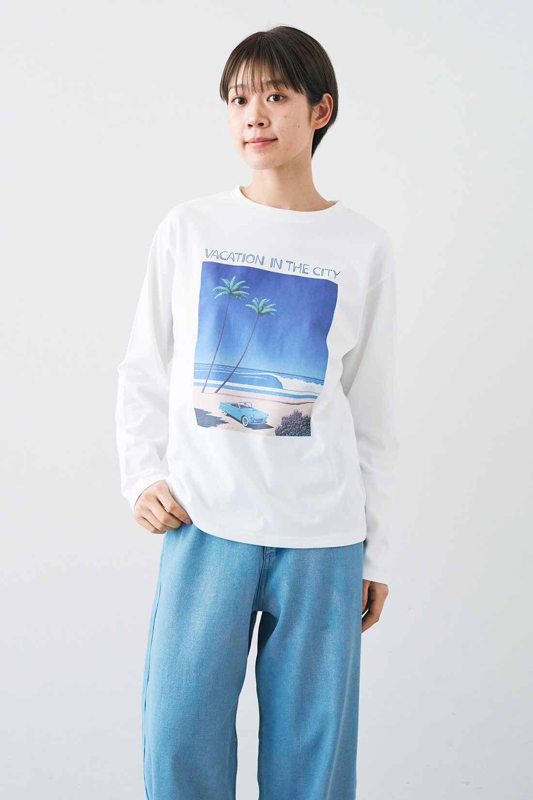 DRECO by IEDIT|【3～10日でお届け】IEDIT[イディット]　永井博さんコラボ　VACATION IN THE CITY 長袖Tシャツ〈ホワイト〉