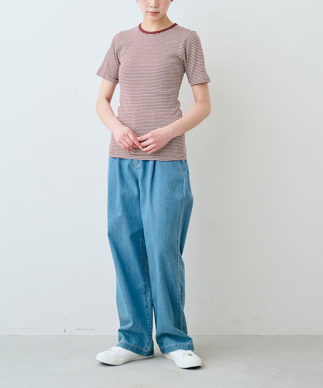 シロップ. 特急便|【WEB限定・3～10日でお届け】miller リブボーダーＴシャツ〈ネイビー×ホワイト〉【シロップ．バスケット】|モデル身長:163cm ※お届けのカラーとは異なります。