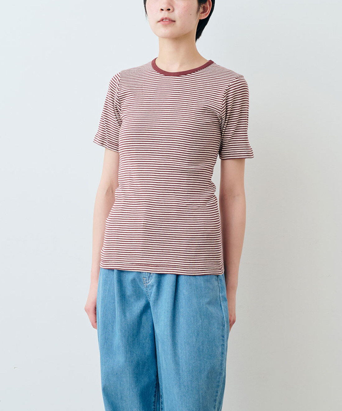 シロップ. 特急便|【WEB限定・3～10日でお届け】miller リブボーダーＴシャツ〈ネイビー×ホワイト〉【シロップ．バスケット】|モデル身長:163cm ※お届けのカラーとは異なります。