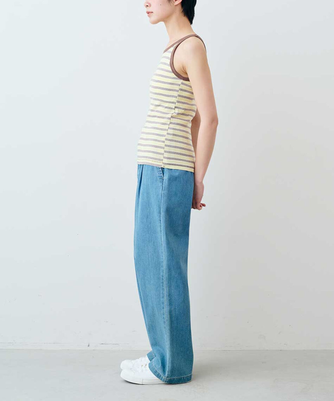 シロップ. 特急便|【WEB限定・3～10日でお届け】miller リブボーダーカップ付きタンクトップ〈ブルー×グレー〉【シロップ．バスケット】|モデル身長:163cm ※お届けのカラーとは異なります。