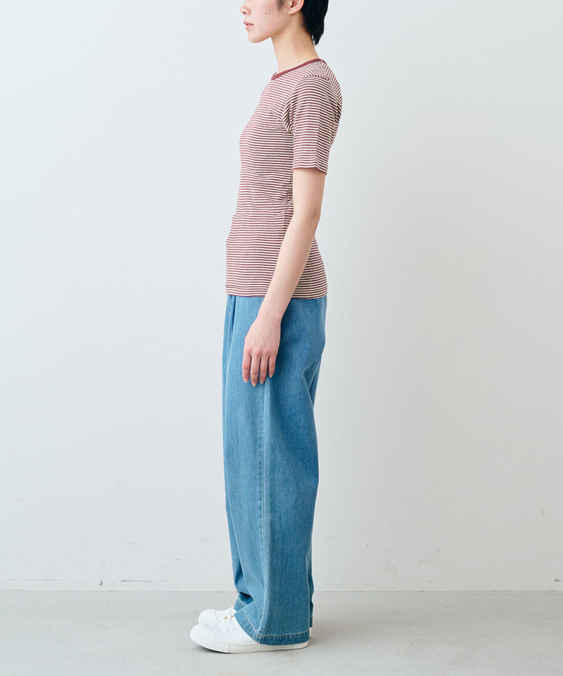 シロップ. 特急便|【WEB限定・3～10日でお届け】miller リブボーダーＴシャツ〈レッド×ベージュ〉【シロップ．バスケット】|モデル身長:163cm
