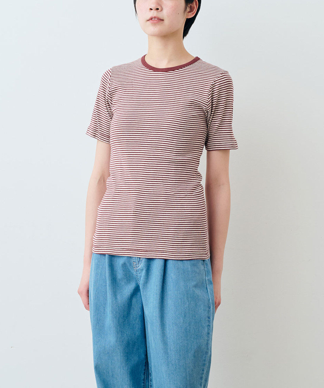 シロップ. 特急便|【WEB限定・3～10日でお届け】miller リブボーダーＴシャツ〈レッド×ベージュ〉【シロップ．バスケット】