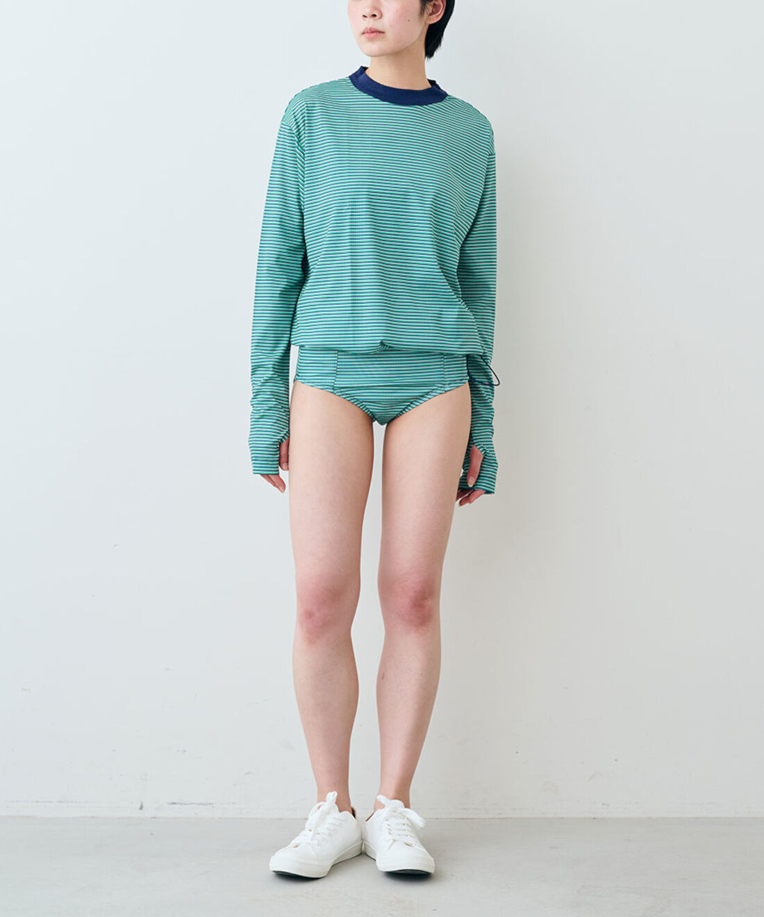 シロップ. 特急便|【WEB限定・3～10日でお届け】miller ボーダーラッシュガード〈ブルー〉【シロップ．バスケット】|モデル身長:163cm ※お届けのカラーとは異なります。