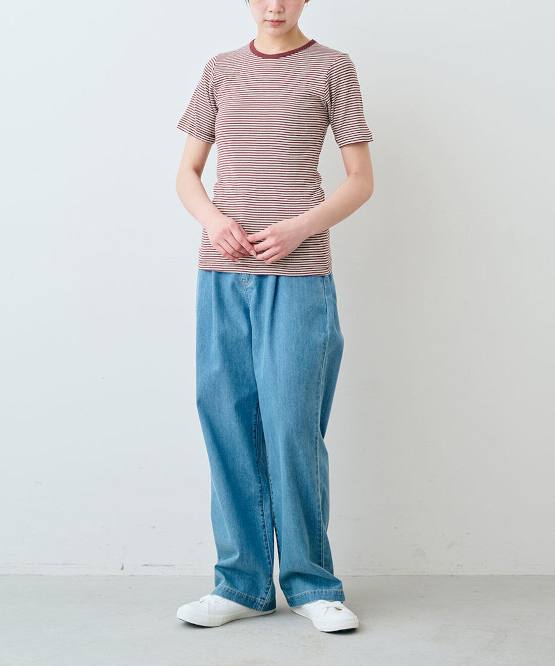 シロップ. 特急便|【WEB限定・3～10日でお届け】miller リブボーダーＴシャツ〈レッド×ベージュ〉【シロップ．バスケット】|モデル身長:163cm