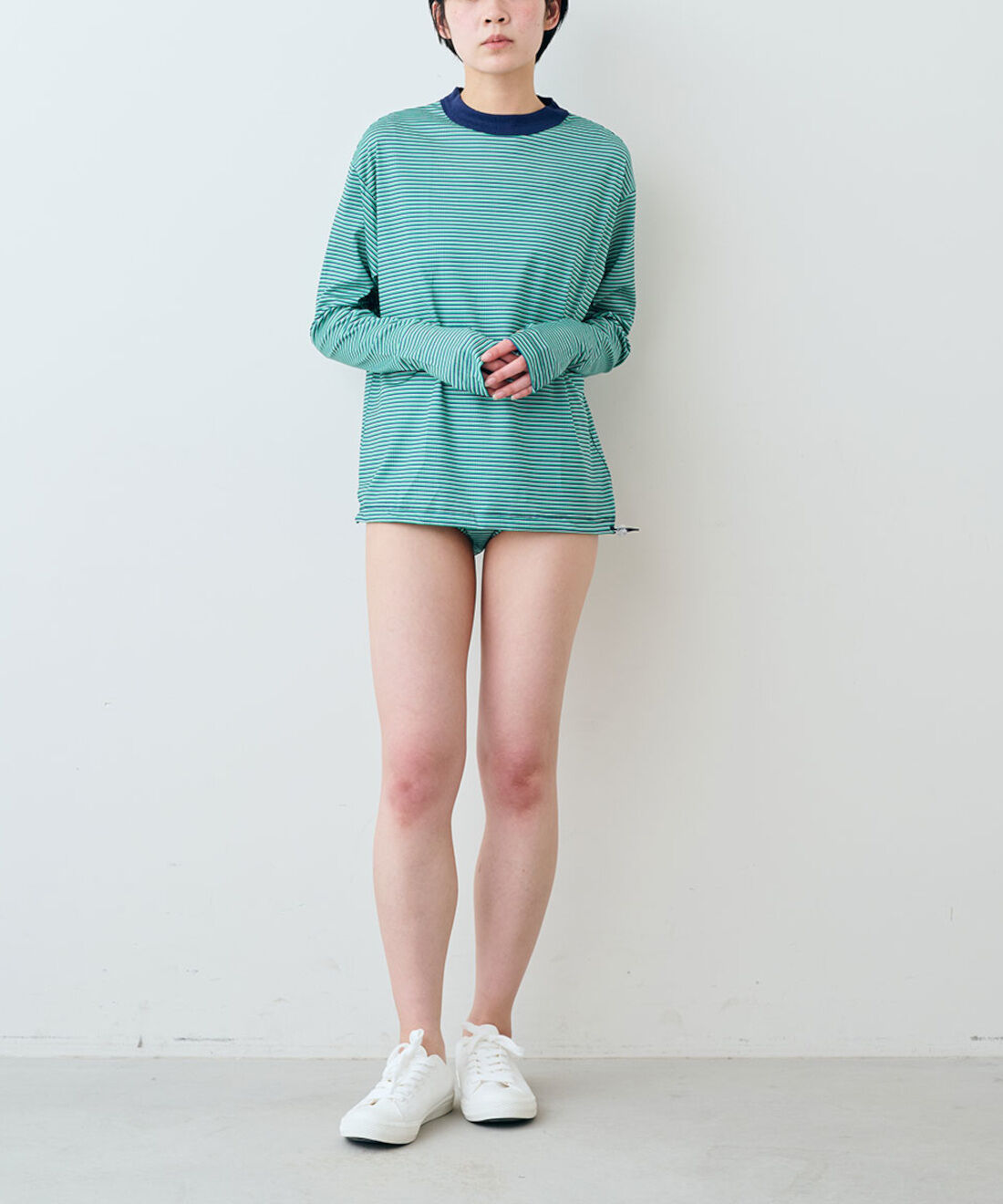 シロップ. 特急便|【WEB限定・3～10日でお届け】miller ボーダーラッシュガード〈グリーン〉【シロップ．バスケット】|モデル身長:163cm