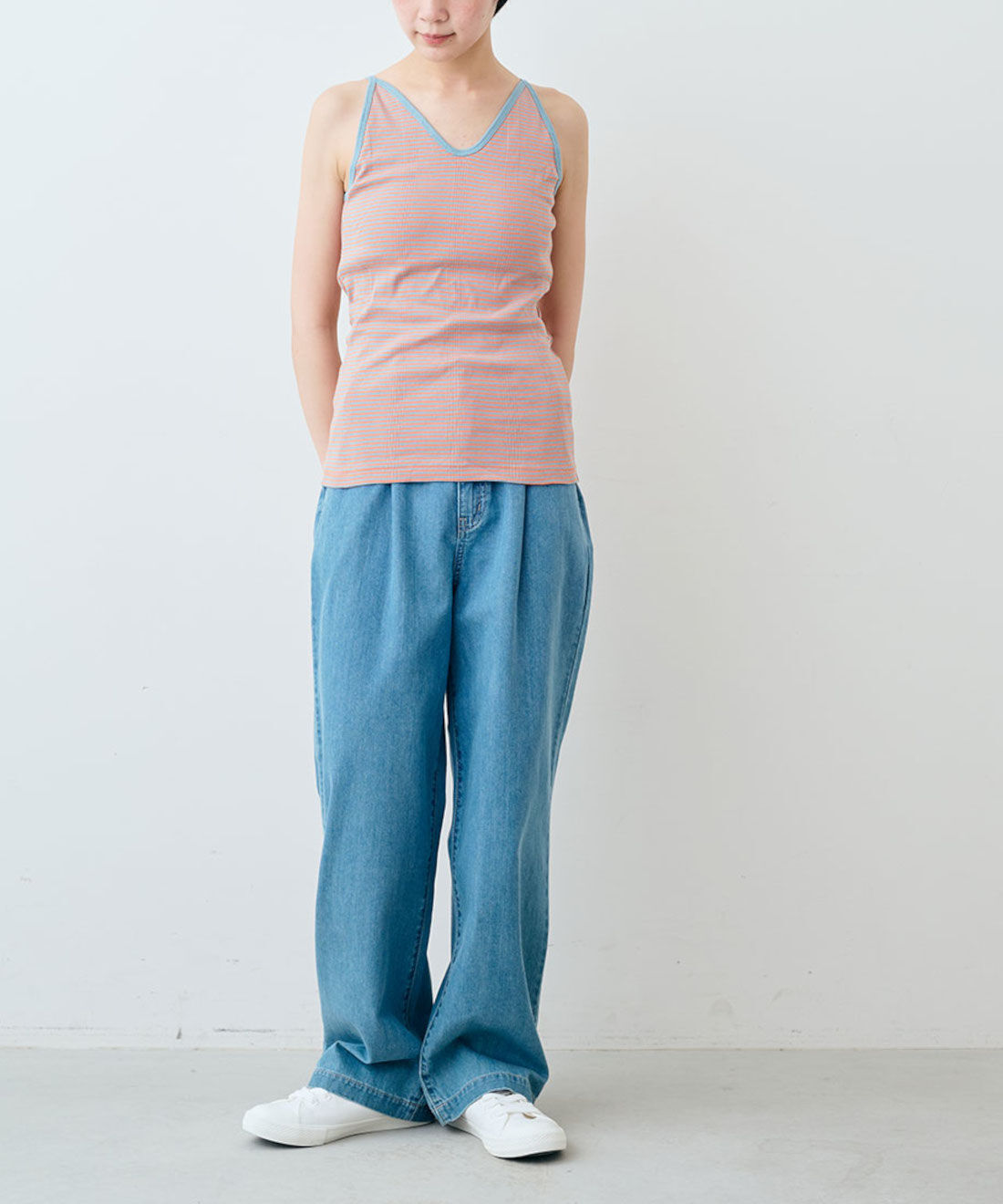 シロップ. 特急便|【WEB限定・3～10日でお届け】miller リブボーダーカップ付きキャミタンク〈サーモンピンク×サックス〉【シロップ．バスケット】|モデル身長:163cm