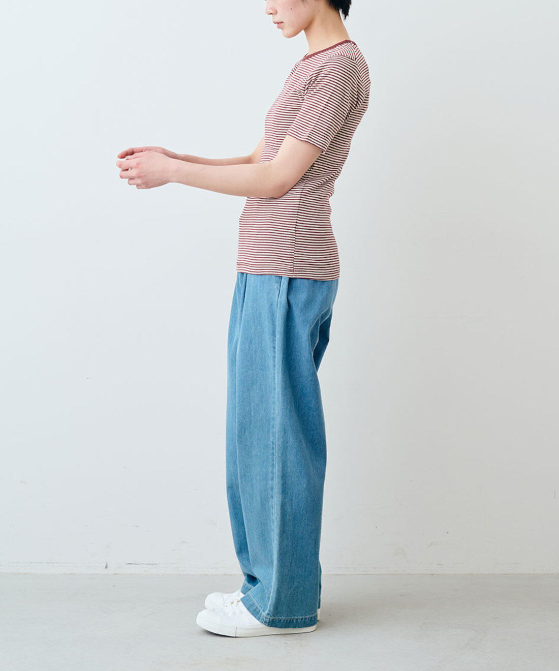 シロップ. 特急便|【WEB限定・3～10日でお届け】miller リブボーダーＴシャツ〈レッド×ベージュ〉【シロップ．バスケット】|モデル身長:163cm