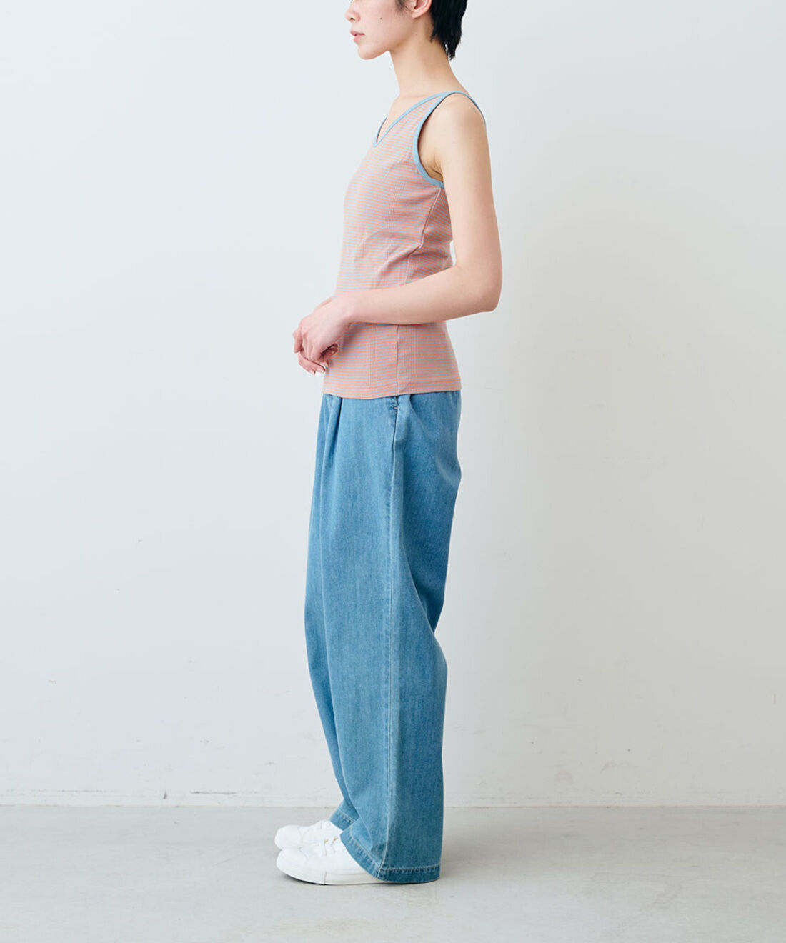 シロップ. 特急便|【WEB限定・3～10日でお届け】miller リブボーダーカップ付きキャミタンク〈サーモンピンク×サックス〉【シロップ．バスケット】|モデル身長:163cm