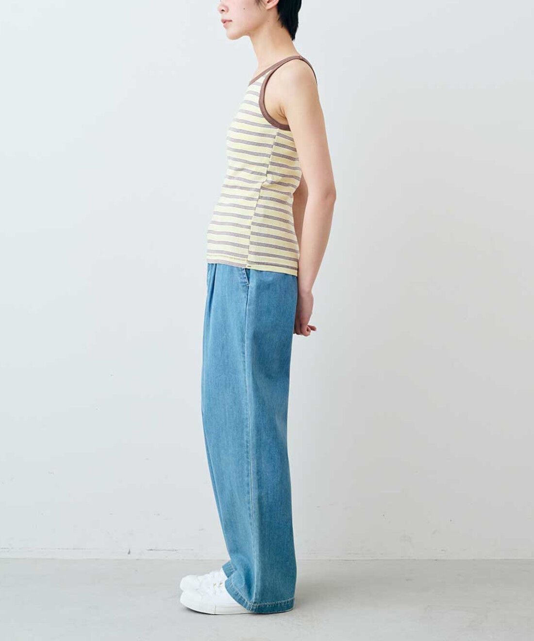 シロップ. 特急便|【WEB限定・3～10日でお届け】miller リブボーダーカップ付き タンクトップ　〈イエロー×ブラウン〉【シロップ．バスケット】|モデル身長:163cm