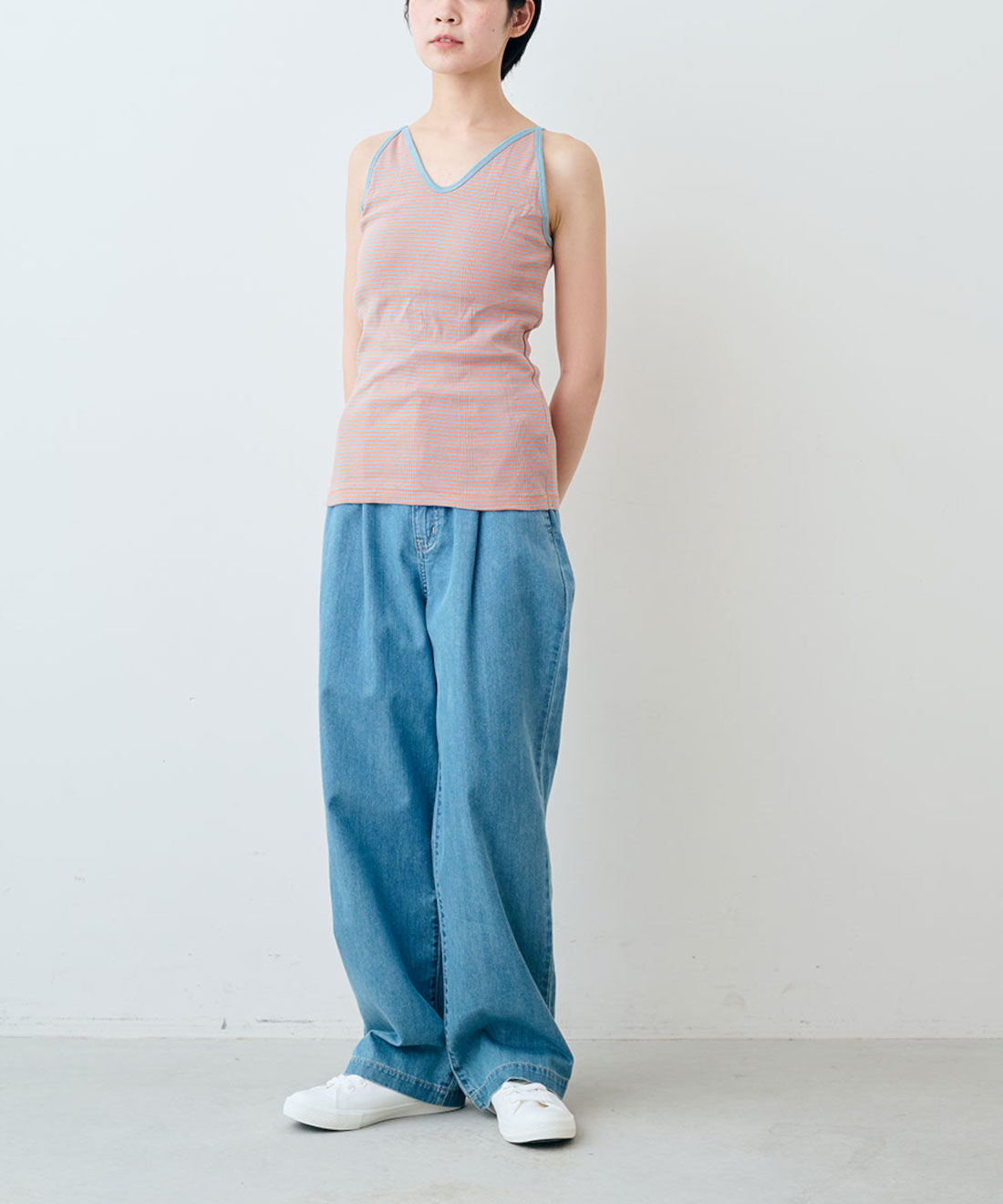 シロップ. 特急便|【WEB限定・3～10日でお届け】miller リブボーダーカップ付きキャミタンク〈サーモンピンク×サックス〉【シロップ．バスケット】