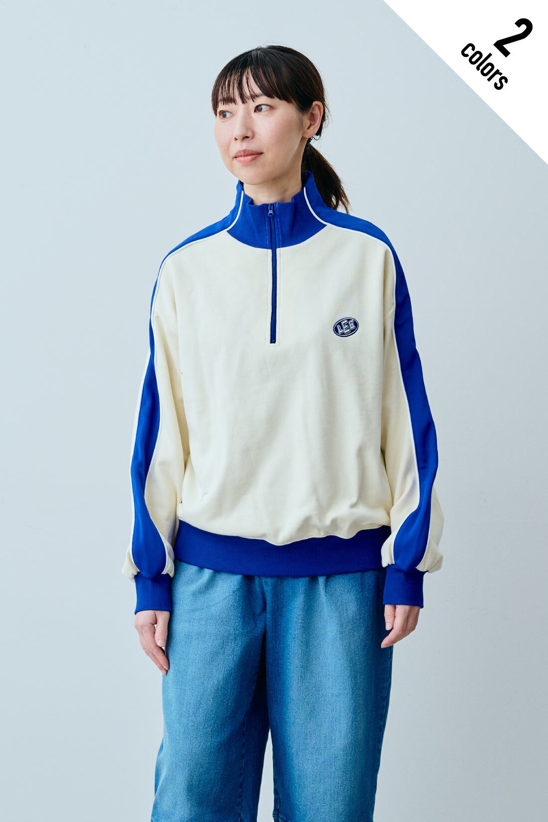 fashion special|【WEB限定・特急便】　LEE BI-COLOR HALF-ZIP SWEAT|2：アイボリー　モデル身長：160cm