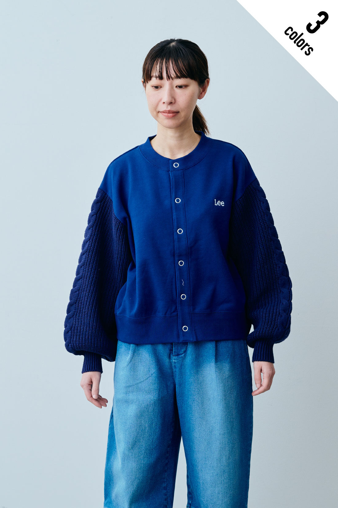 fashion special|【WEB限定・特急便】　LEE KNIT PANEL SWEAT CARDI|1：ネイビー　モデル身長：160cm