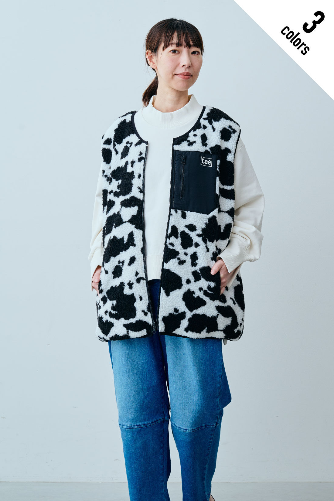 fashion special|【WEB限定・特急便】　LEE BOA VEST|3：ブラックカウ柄　モデル身長：160cm