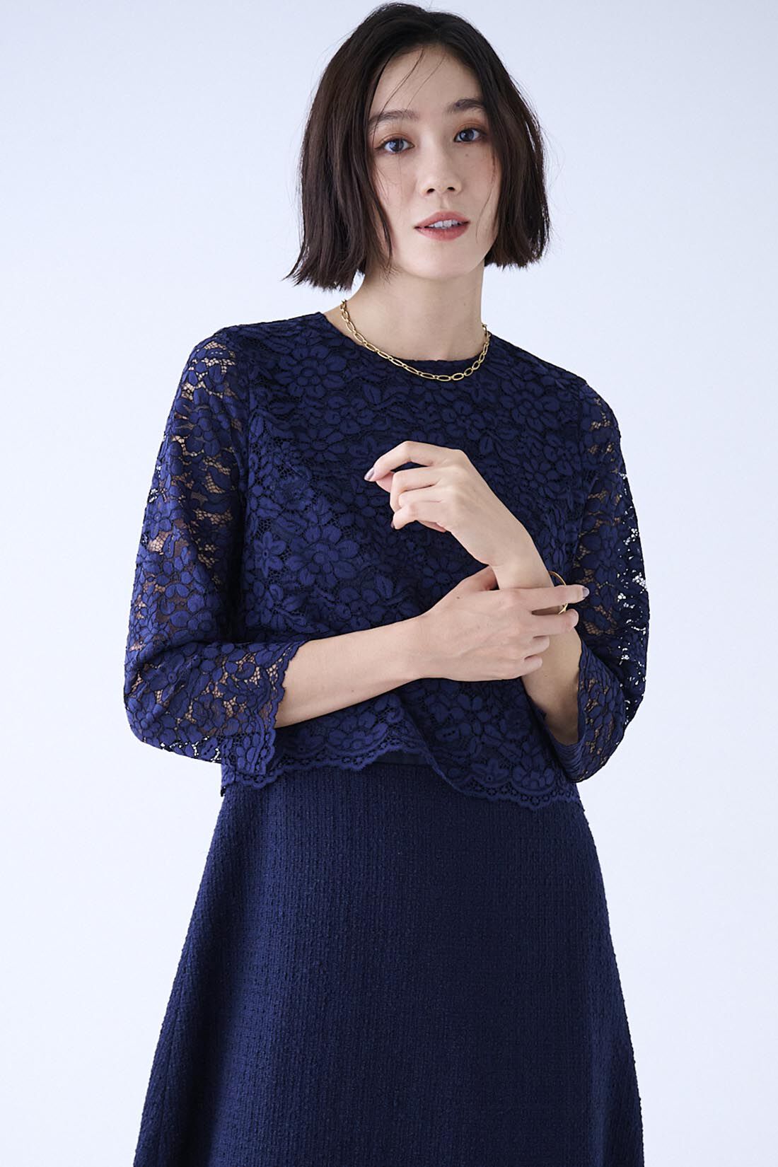 fashion special|【3～10日でお届け】IEDIT[イディット]　繊細レースが上品な正統派さんのためのワンピースセット（ＷＥＢサイズ）〈ネイビー〉