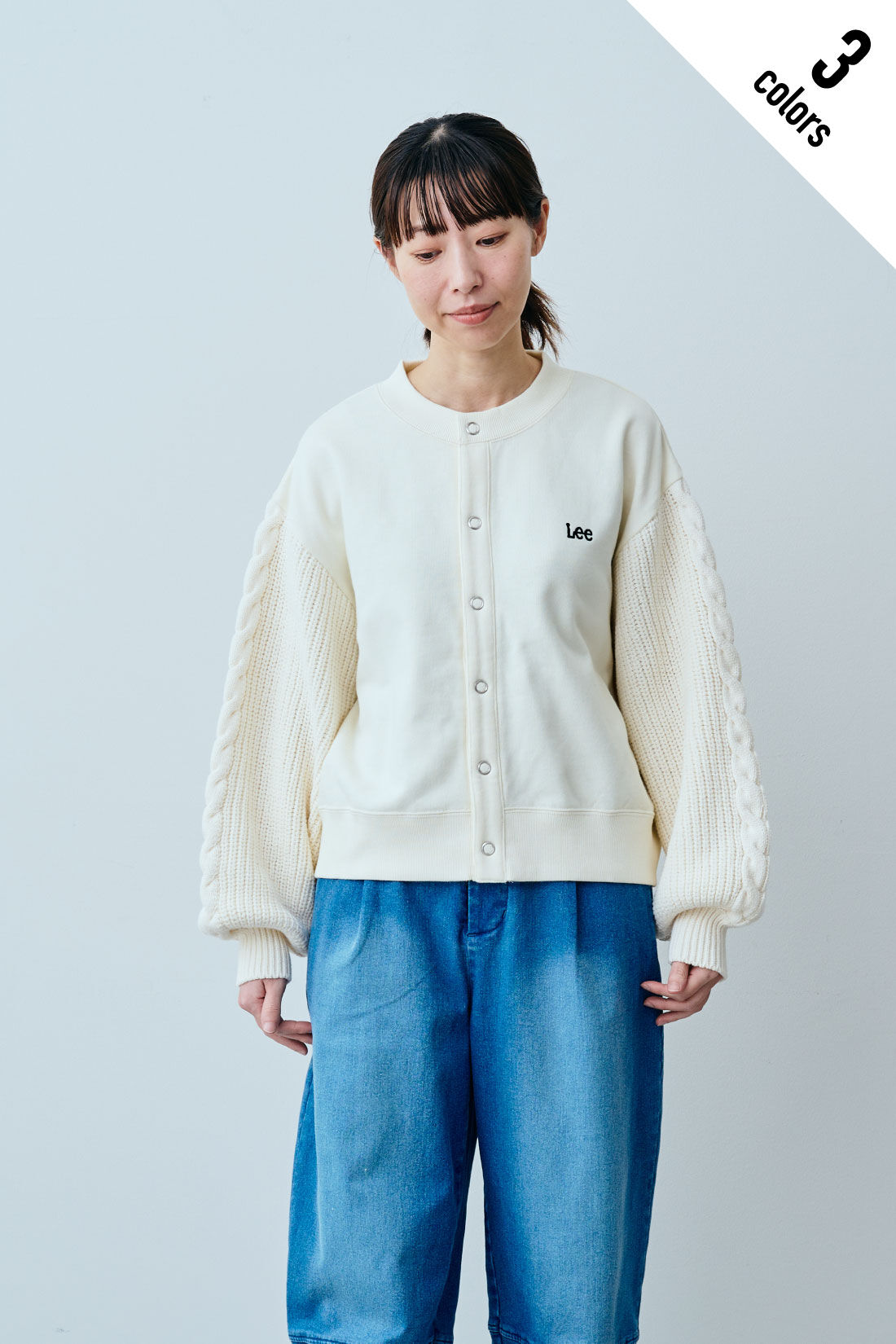 fashion special|【WEB限定・特急便】　LEE KNIT PANEL SWEAT CARDI|3：アイボリー　モデル身長：160cm