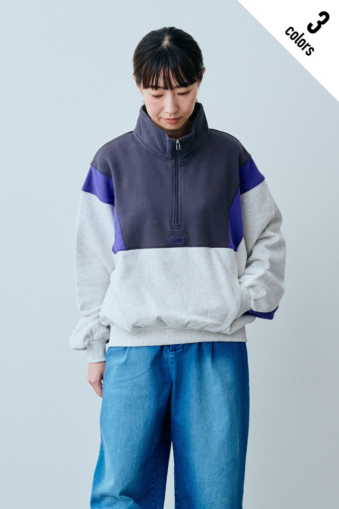 fashion special|【WEB限定・特急便】　LEE HALF-ZIP SPORTS SWEAT|1：グレー　モデル身長：160cm