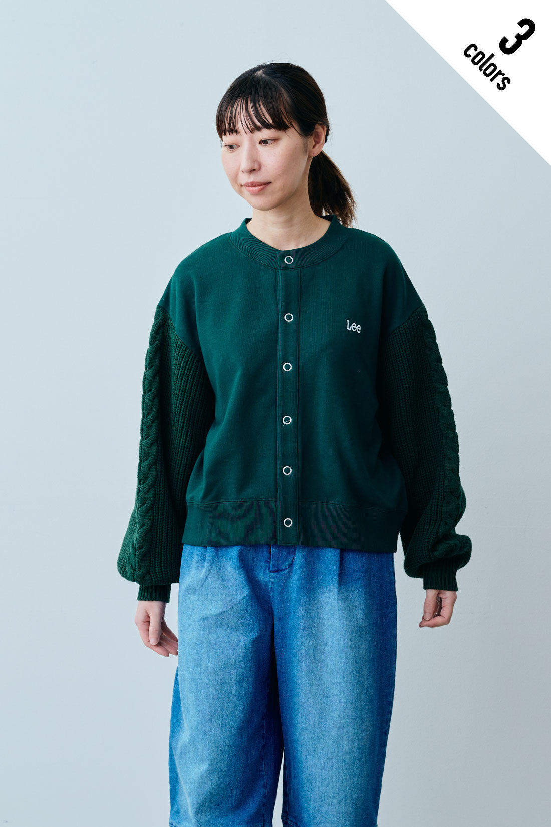 fashion special|【WEB限定・特急便】　LEE KNIT PANEL SWEAT CARDI|2：グリーン　モデル身長：160cm