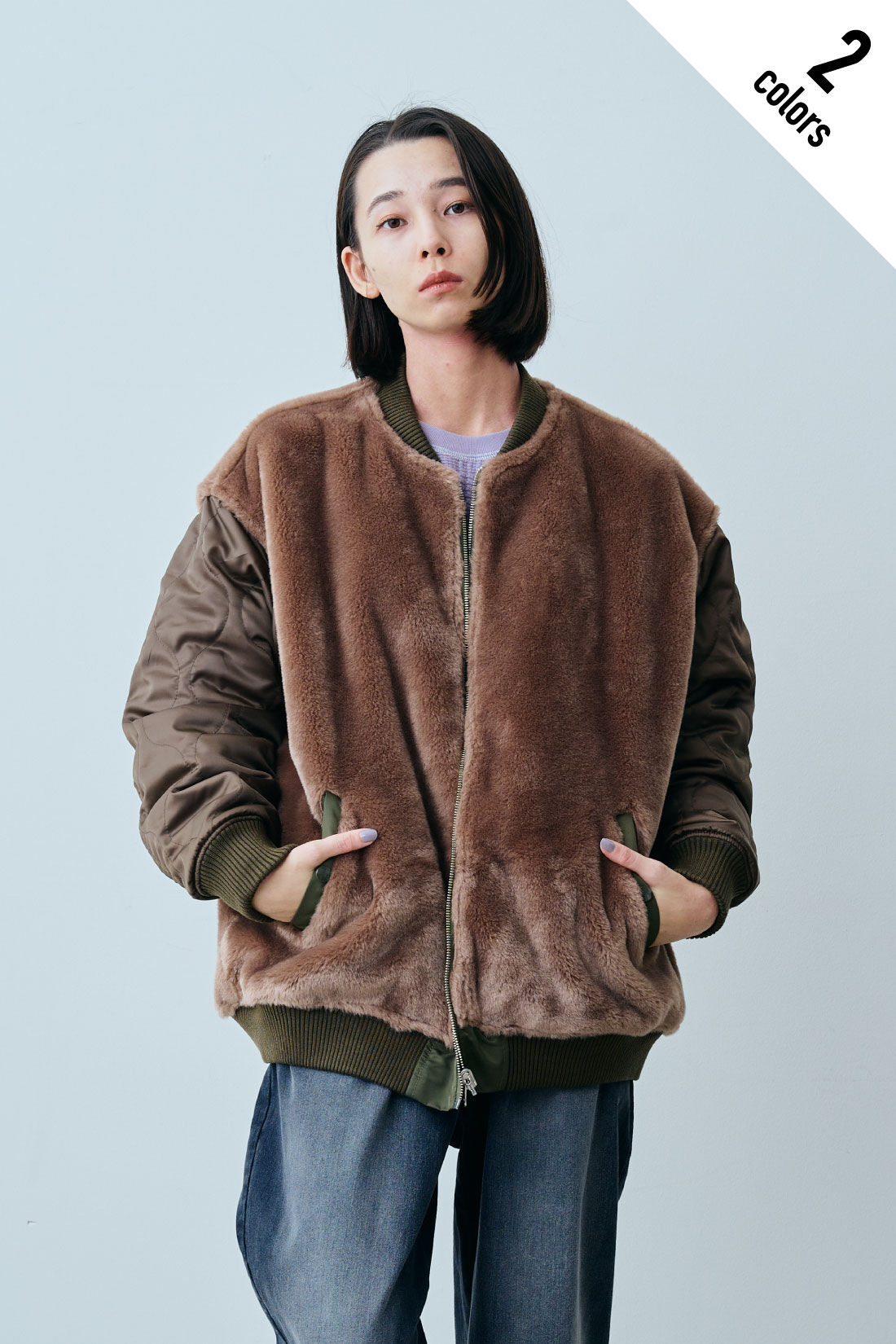 fashion special|【WEB限定・特急便】　ALPHA AL-GRLFAKE FURMA-1|2：オリーブ（裏側）　モデル身長：168cm
