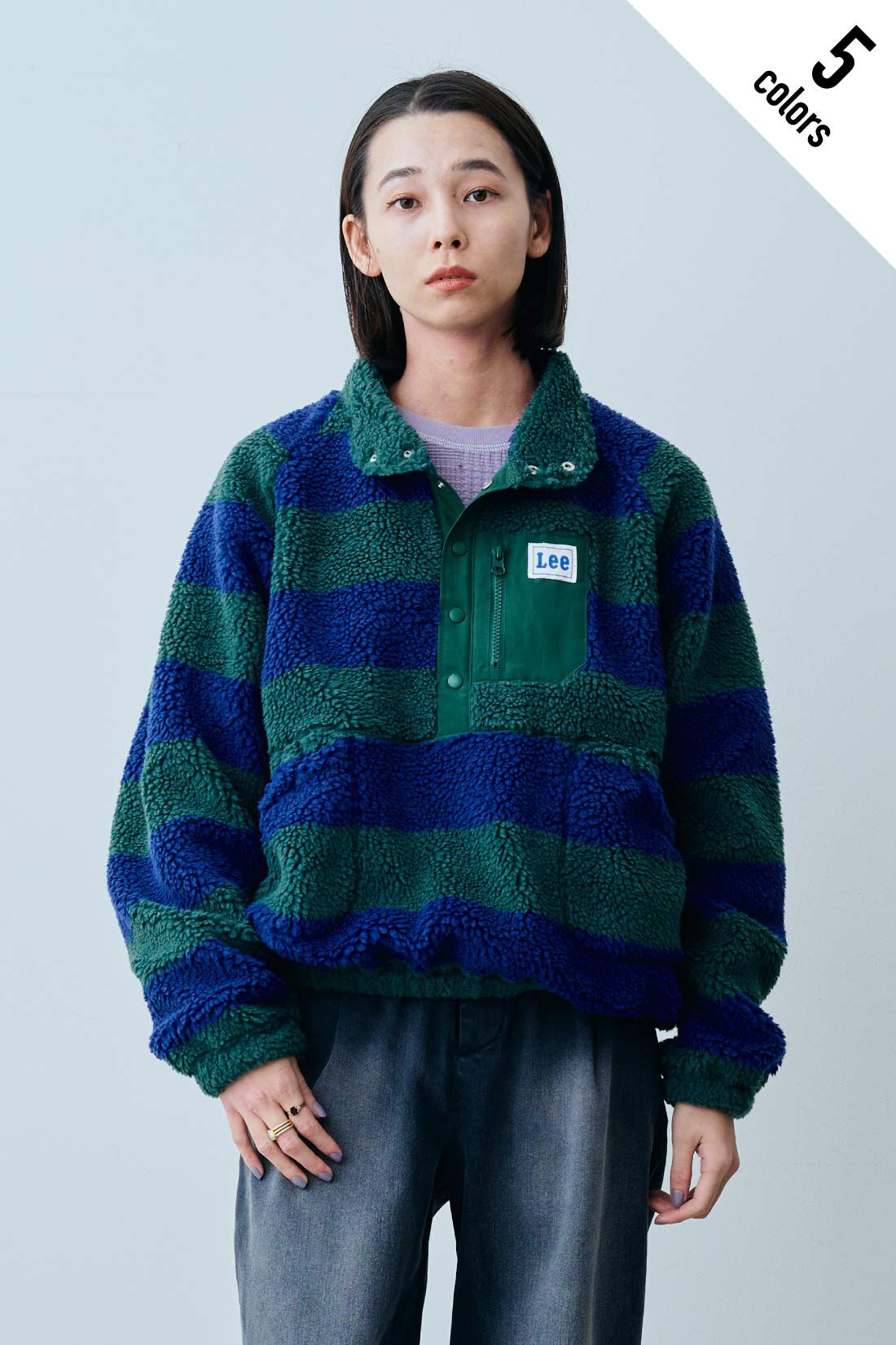 fashion special|【WEB限定・特急便】　LEE HALF-ZIP BOA JACKET|4：ネイビーボーダー　モデル身長：168cm