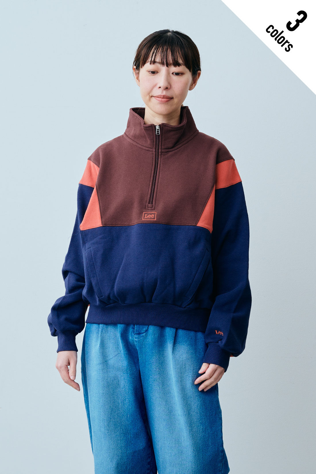 fashion special|【WEB限定・特急便】　LEE HALF-ZIP SPORTS SWEAT|2：ネイビー　モデル身長：160cm