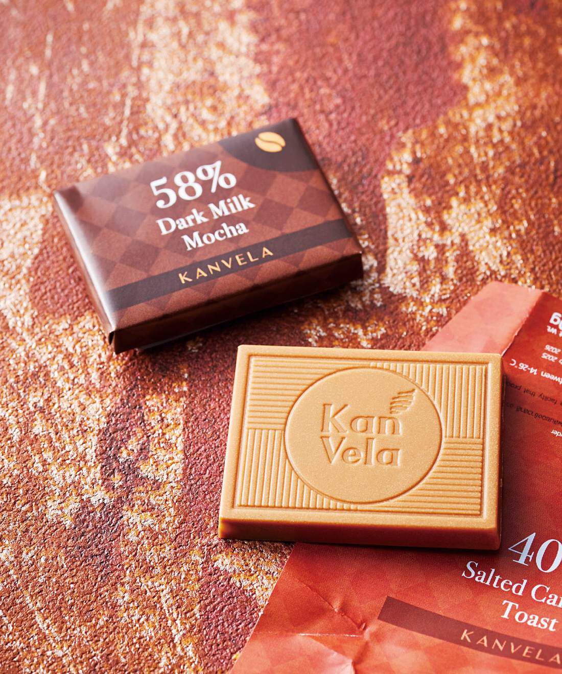 幸福のチョコレート|幸福のチョコレート講座　試食チョコセット〈プチボックス〉|【お申し込みタイプ/５】カンヴェラ［タイ］/ 58％ダークミルクモカと40％塩キャラメルトースト２個（２種）　モカはコーヒー香るダークな味わい、塩キャラメルは甘くてクリーミー。