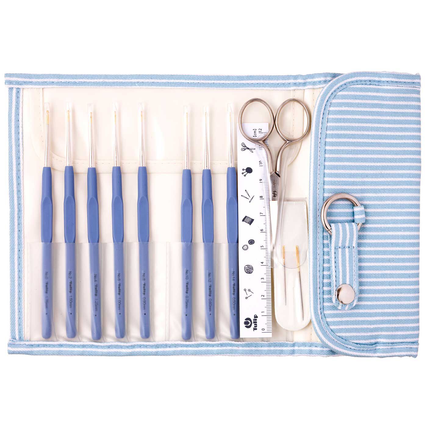 Couturier special|Tulip ETIMO（エティモ）クッショングリップ付きレース針セット　ロイヤルシルバー|クッショングリップ付きレース針8本、糸切りはさみ(シルバー )、とじ針２本、ものさし、ケースが付属します。