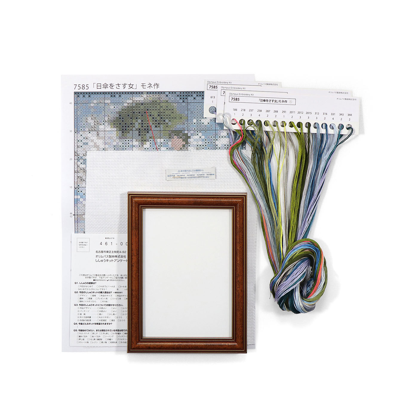 Couturier special|ミニ名画のクロスステッチ　モネ「日傘をさす女」キット|お届けセットの一式です。