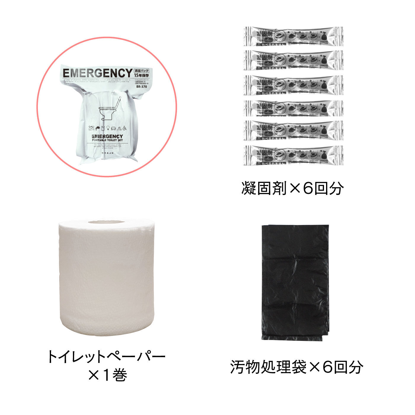 FELISSIMO PARTNERS|Ｅｍｅｒｇｅｎｃｙ　真空パック　ポータブルトイレ６回分×５個|トイレットペーパーの芯の部分に凝固剤と汚物処理袋が収納されています。