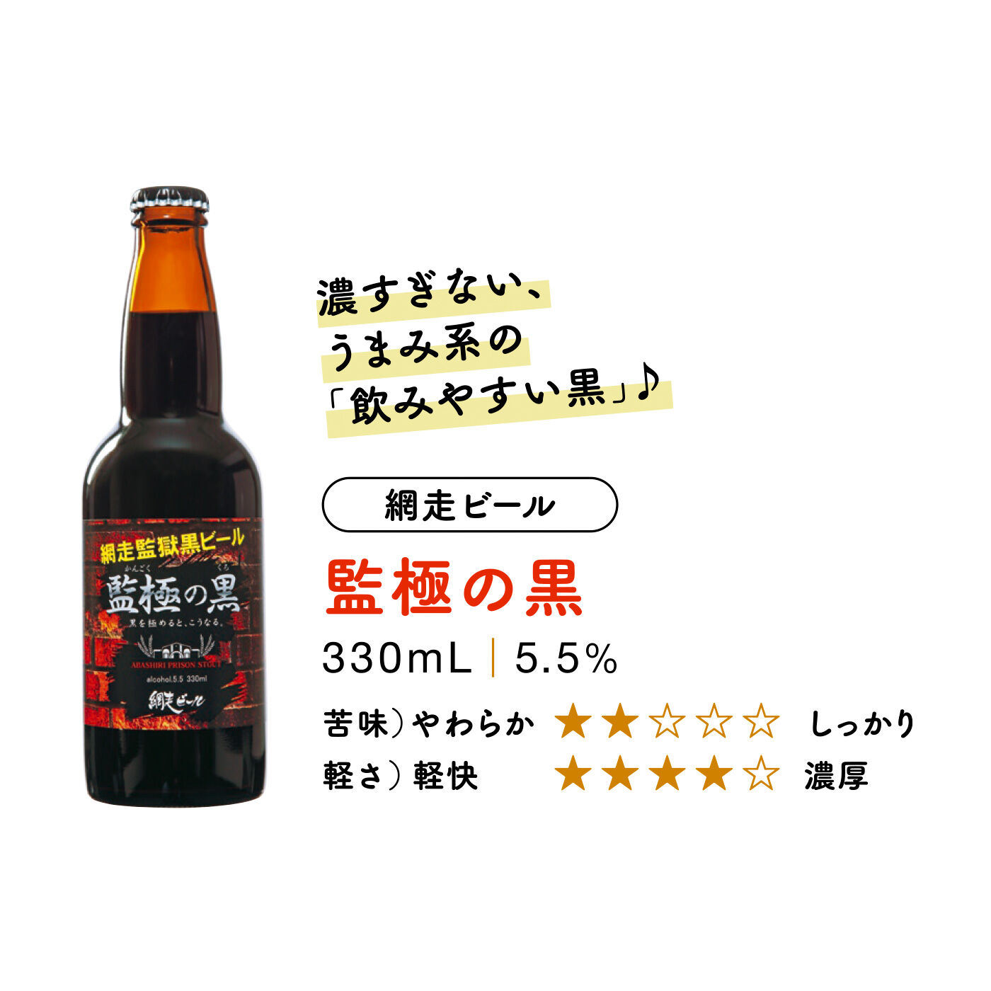 FELISSIMO PARTNERS|北海道ブリュワリー巡り 自慢の味を飲み比べ（3本セット）の会（12回予約）|厳選した5種の麦芽を使用し、香味豊かで上質なスタウトに仕上がっています。深いコクとまろやかな味わい、香ばしさが抜群の一杯です。