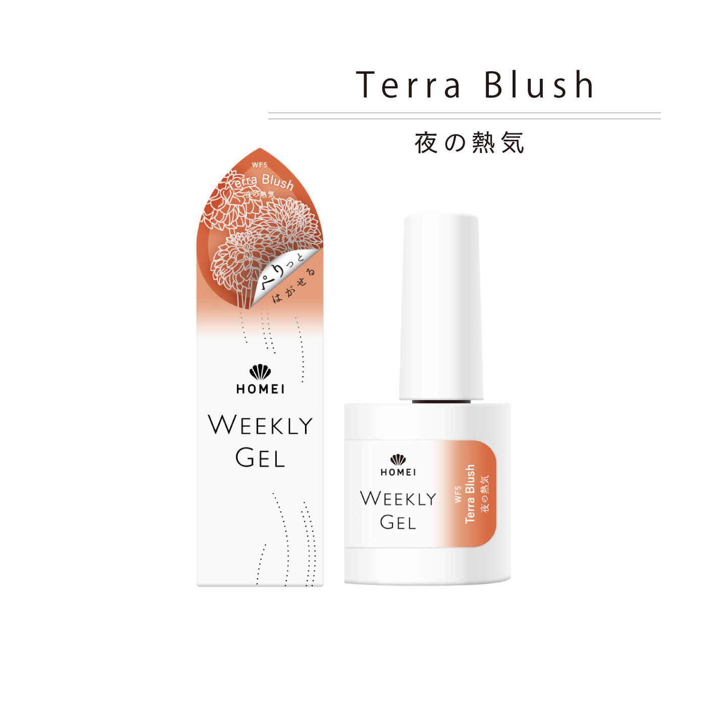 FELISSIMO PARTNERS|ＨＯＭＥＩ　ぺりっとはがせるウィークリージェル「輝く笑顔」Ｇｏｌｄｅｎ　Ｌｕｓｔｅｒ〈ゴールデンラスター〉|「Terra Blush/夜の熱気」。大地の温かみと夜の情熱を感じさせるオレンジブラウンです。情熱的な魅力が、指先を彩ります。