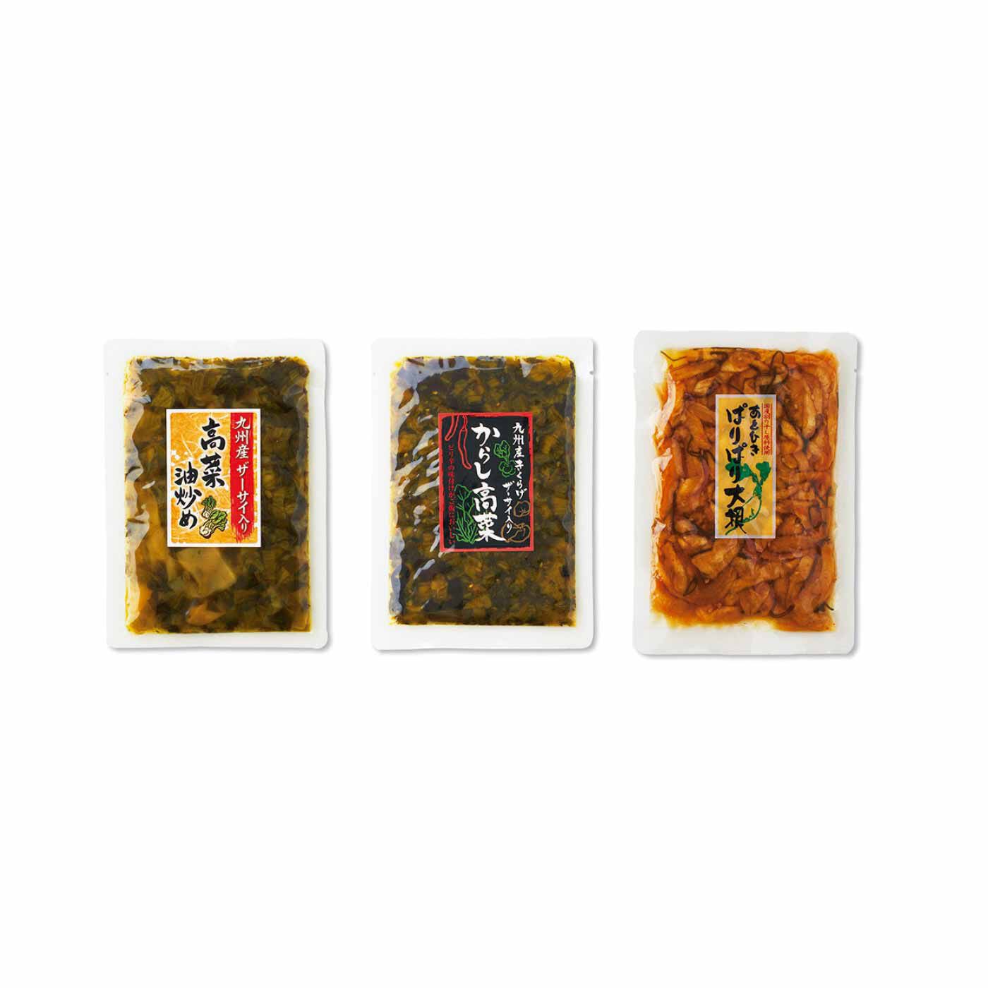 FELISSIMO PARTNERS|純農 シンプルな味付けが魅力 常温保存OK ストックにも便利な国産野菜のお漬物三昧の会（12回予約）|九州産ザーサイ入り高菜油炒め、九州産きくらげザーサイ入りからし高菜、あとひきぱりぱり大根 醤油味