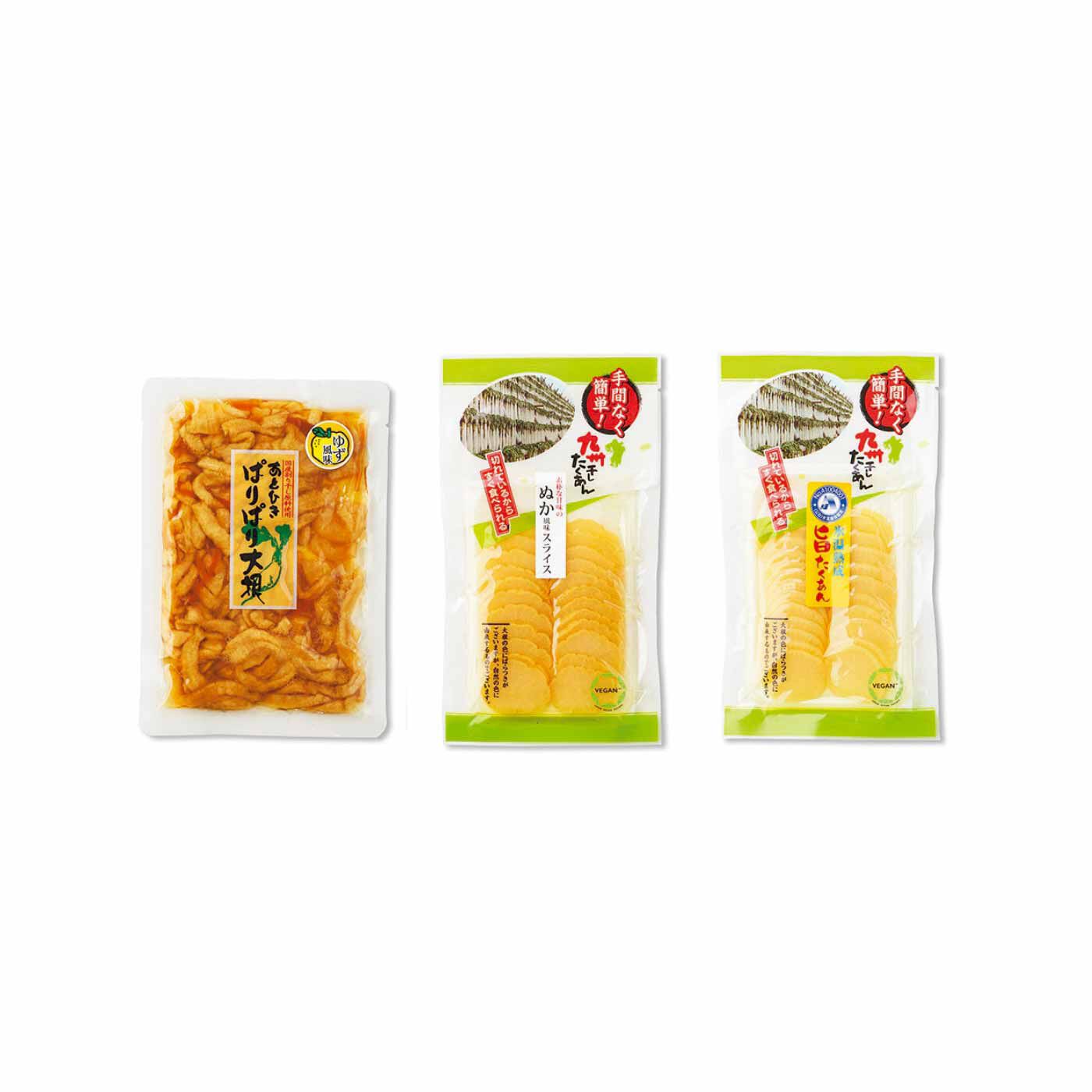 FELISSIMO PARTNERS|純農 シンプルな味付けが魅力 常温保存OK ストックにも便利な国産野菜のお漬物三昧の会（12回予約）|あとひきぱりぱり大根 柚子風味、ぬか風味スライスたくあん、氷温熟成スライス旨たくあん