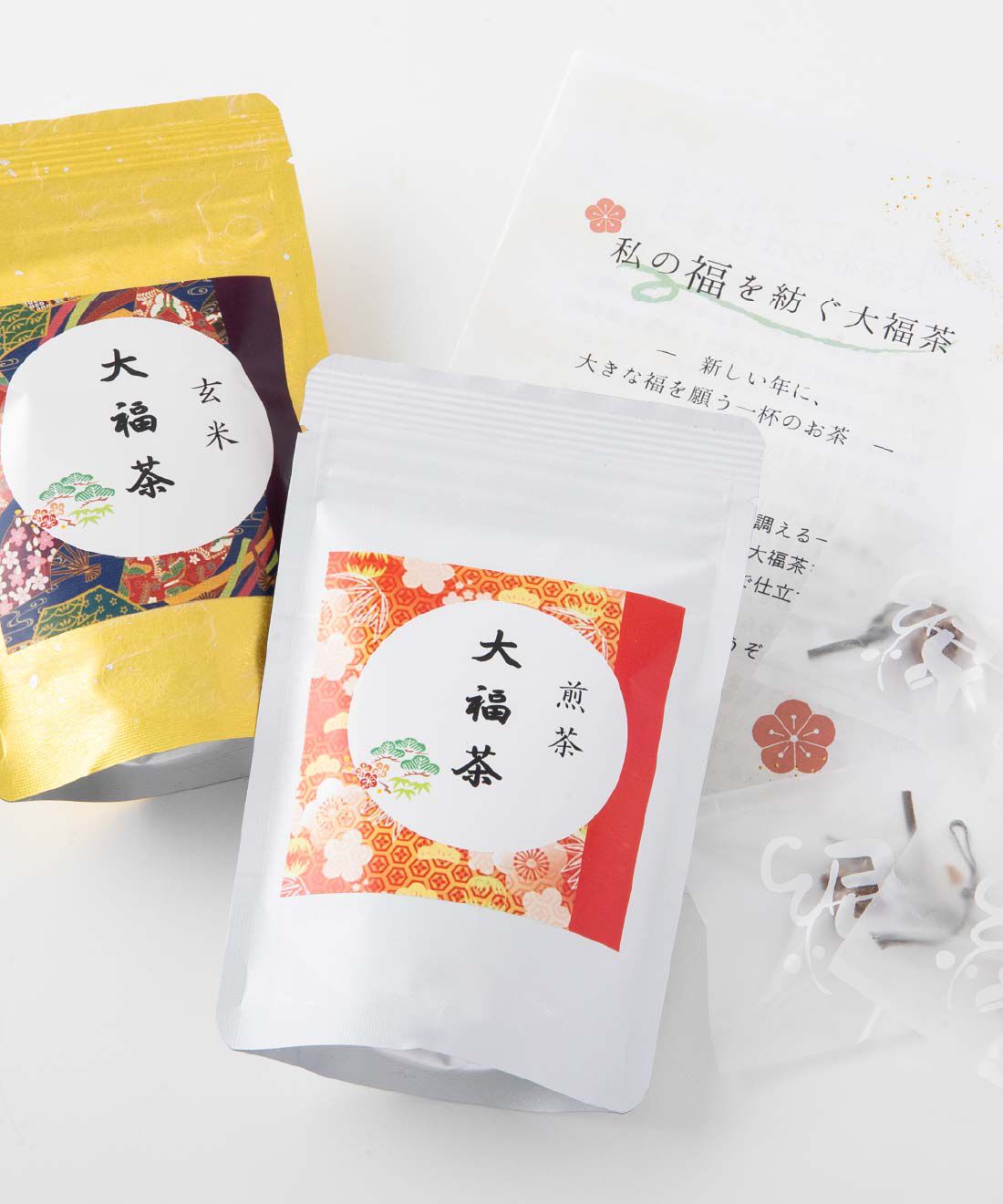 FP産地直送マルシェ|【送料おまとめ対象・締切12月1日】自分で仕立てる 私の福を紡ぐ大福茶|セット内容/玄米１袋（約50g）、煎茶1袋（約50g)、結び昆布＆梅干し5袋、説明書　※結び昆布＆梅干しを入れると梅昆布茶のような味になります。