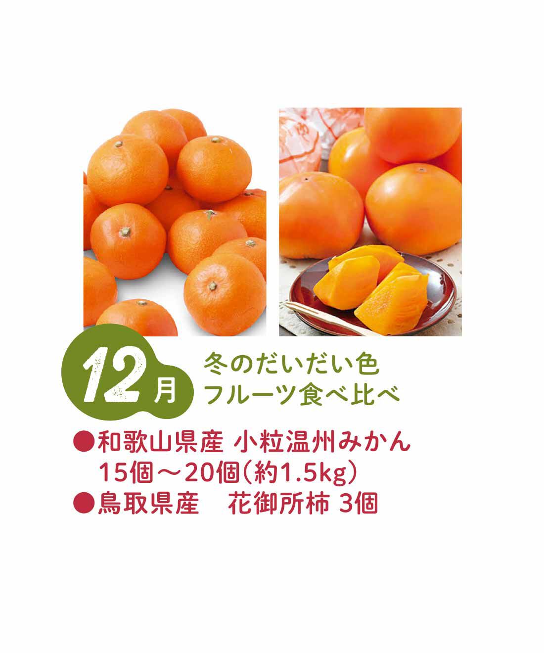 FP産地直送マルシェ|【予約限定・締切8月3日】ベストコンビをたっぷり食べ比べ！ 2種類の旬フルーツ12ヵ月コース|小粒温州みかんは、甘み、うまみ、酸味が凝縮された濃い味。花御所柿は、果肉のねっとりとろける食感を楽しめる希少な品種。（12月上旬〜中旬）