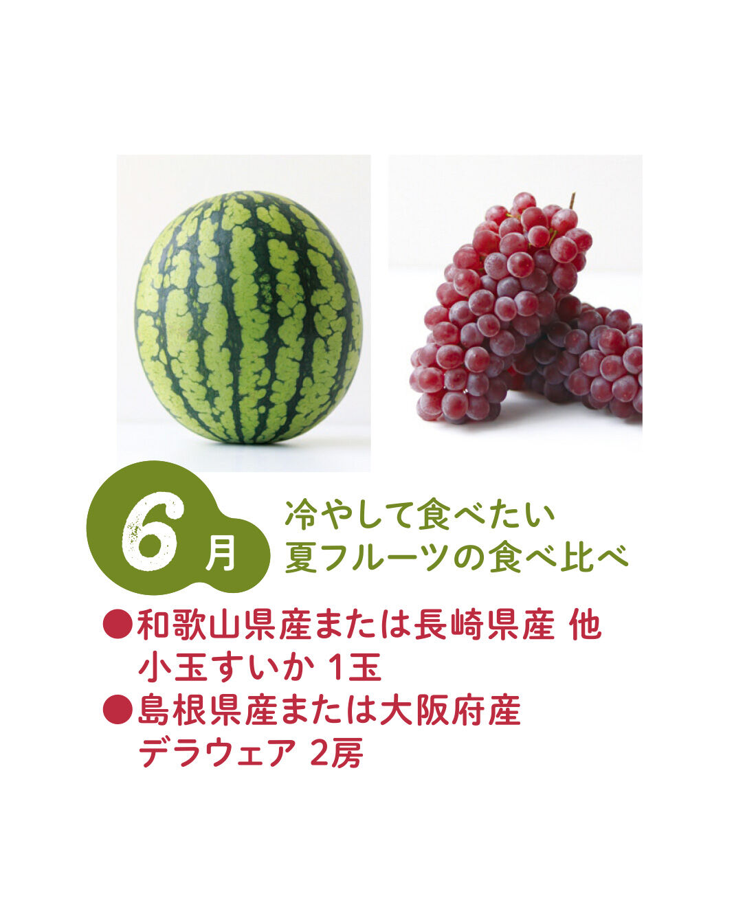 FP産地直送マルシェ|【予約限定・締切8月3日】ベストコンビをたっぷり食べ比べ！ 2種類の旬フルーツ12ヵ月コース|小粒ながら甘みが凝縮されたデラウェアは、種なしで食べやすい！ 小玉すいかは皮が薄いので果肉たっぷり。（6月中旬〜下旬）