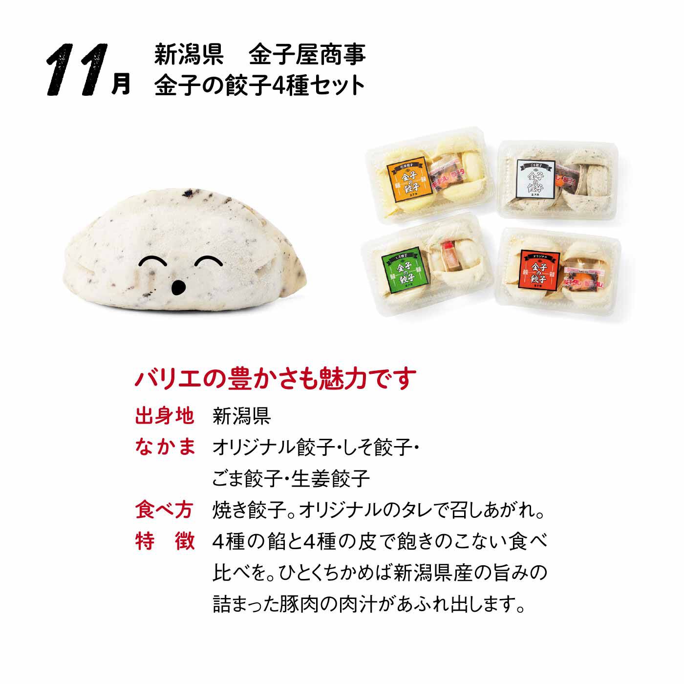 FP産地直送マルシェ|【予約限定・締切7月6日】王道も個性派も大集合！ 全国餃子食べ比べ12ヵ月コース|■オリジナル餃子・しそ餃子・ごま餃子・生姜餃子×各10個（各1パック）　■賞味期限：製造日から冷凍で45日