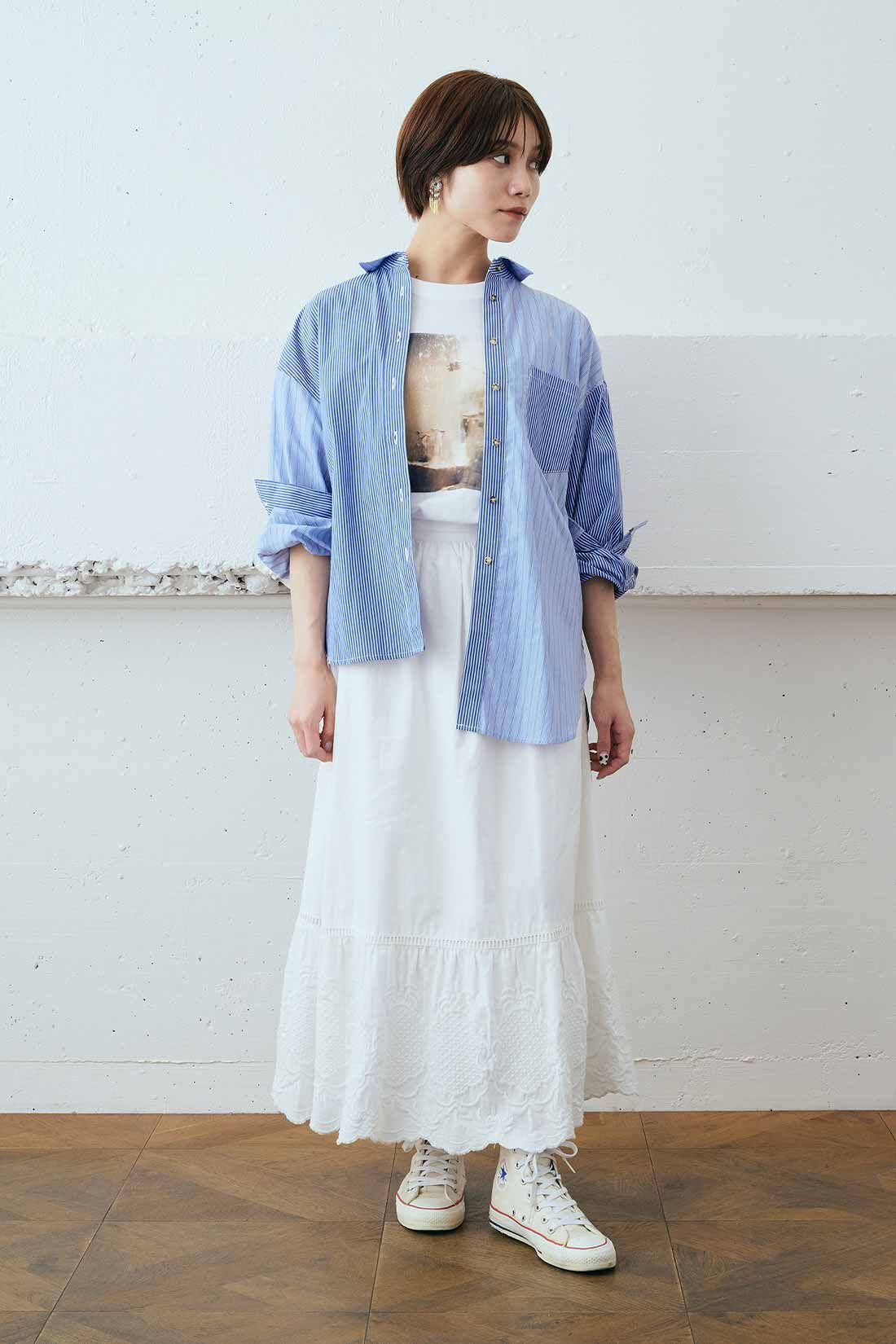 MEDE19F|MEDE19F　ミックスストライプシャツ〈ライトパープル〉|モデル身長：162cm　着用サイズ：M