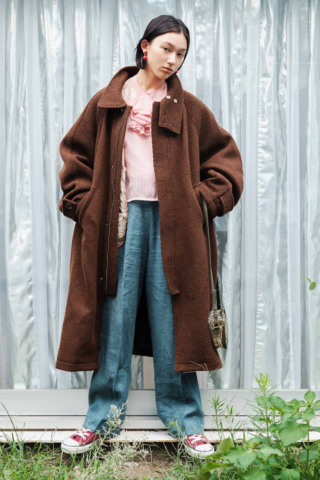 MEDE19F|MEDE19F ミックス調ウール混カルゼのハイネックコート〈ブラウン〉
