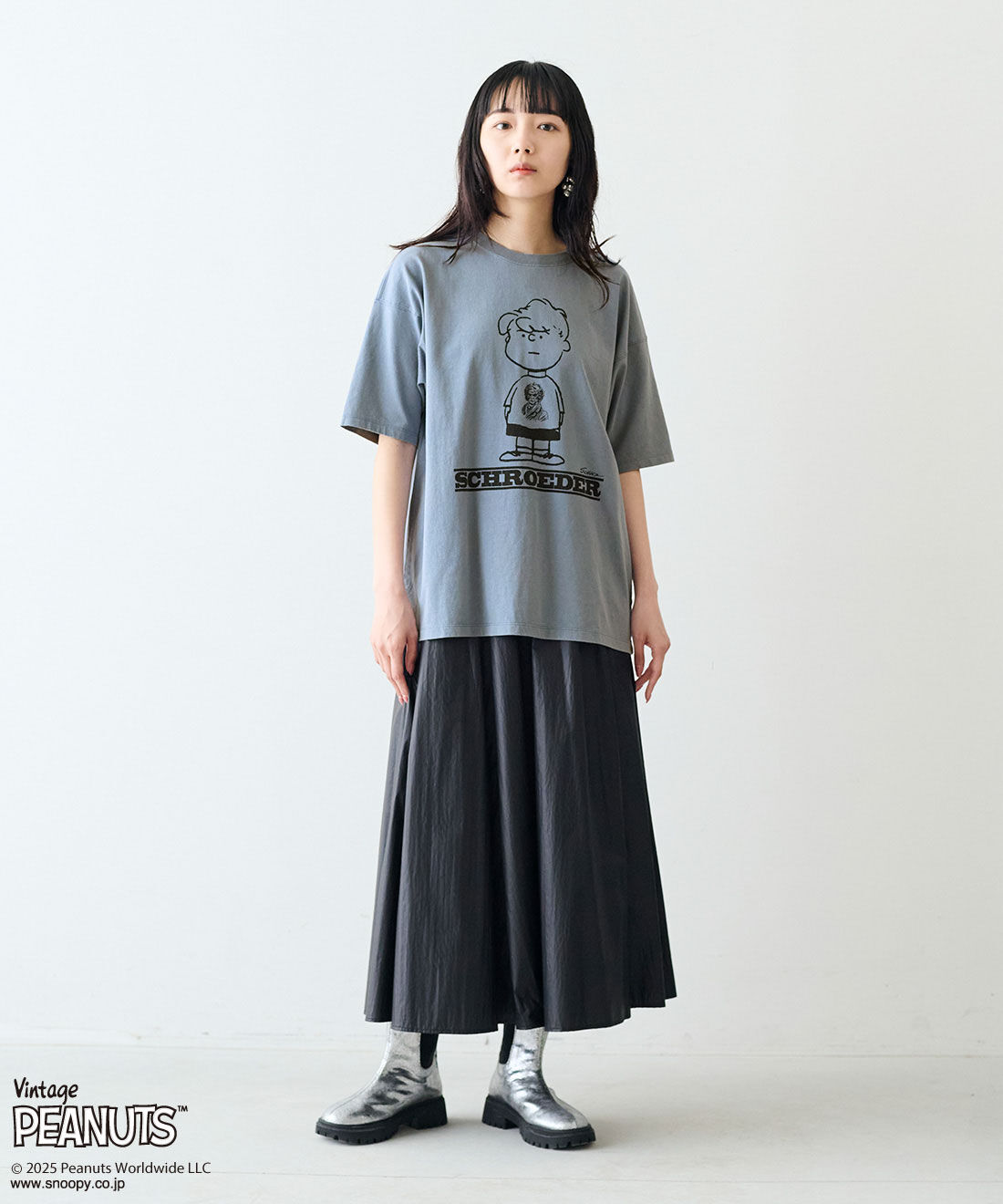 MEDE19F|MEDE19F PEANUTS 古着のようなプリントTシャツ|モデル身長：163cm　着用サイズ：M