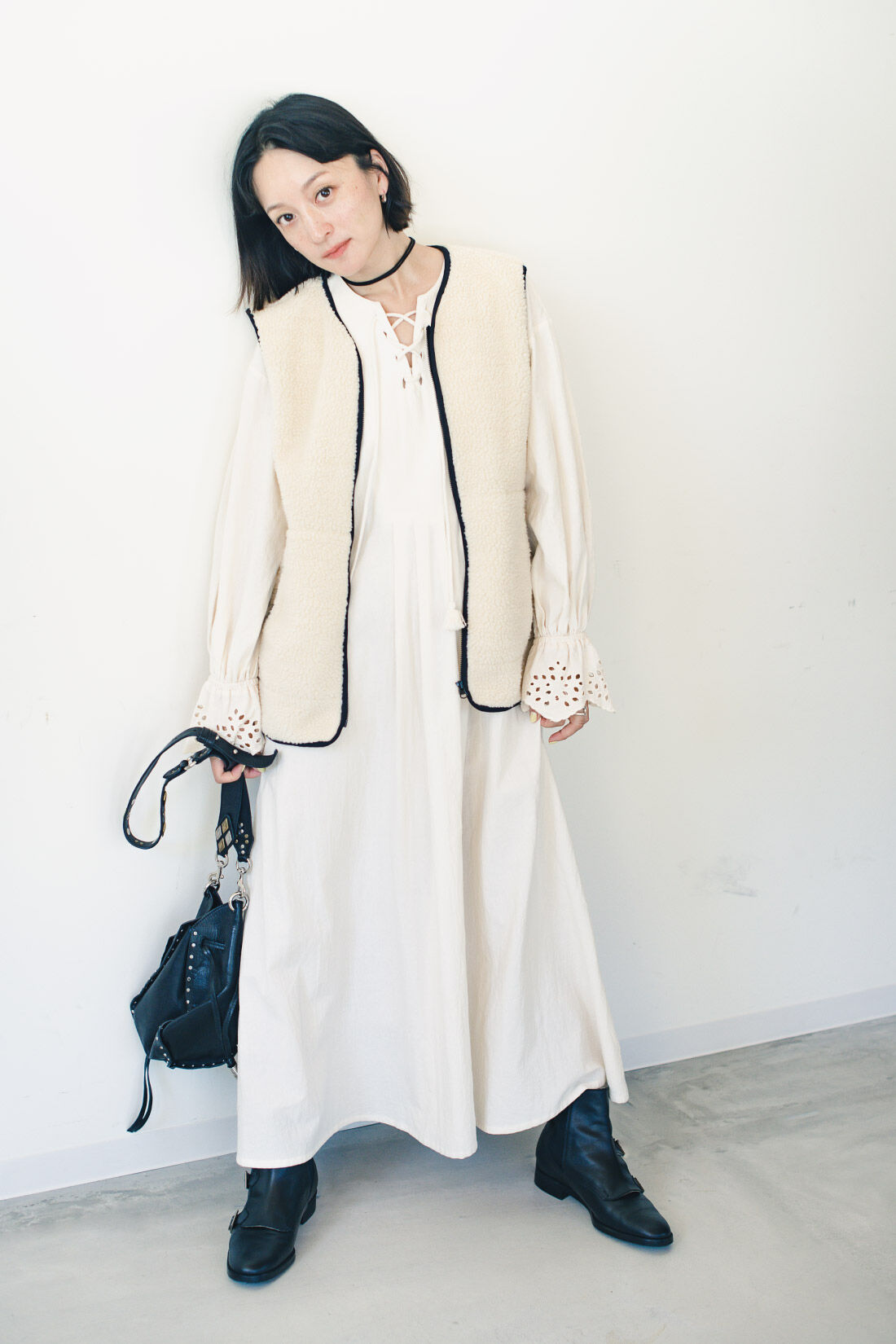MEDE19F|MEDE19F　高山都さんコラボ レースアップカフタンワンピース|モデル身長：158cm　着用サイズ：M