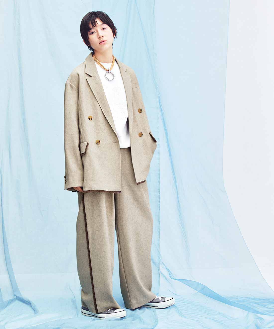 MEDE19F|フリンジ遣いのリラックス ダブルジャケット〈グレージュ〉のコーディネート