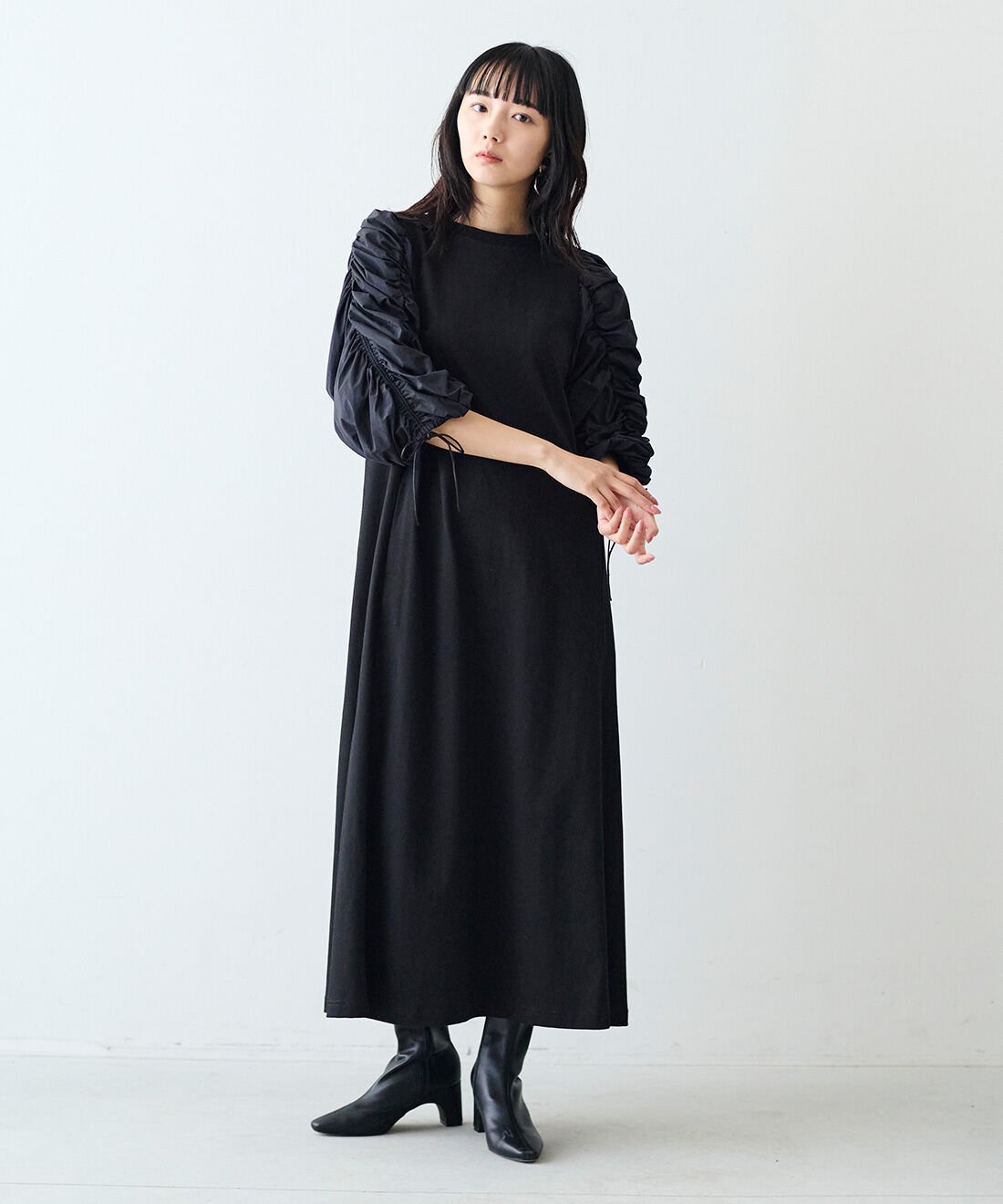 MEDE19F|MEDE19F　異素材スリーブワンピース|モデル身長：163cm　着用サイズ：M