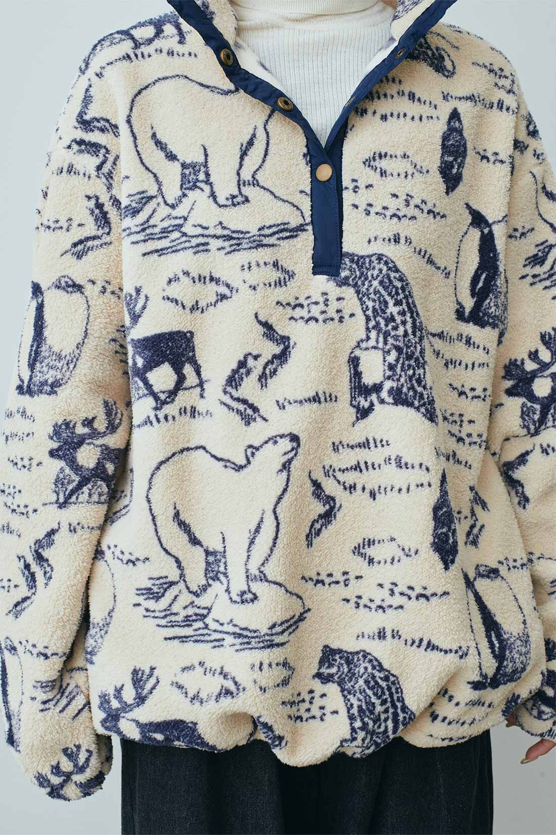 MEDE19F|旭山動物園・ボルネオの森応援商品 MEDE19F アニマルプリントフリースプルオーバー〈ベージュ〉