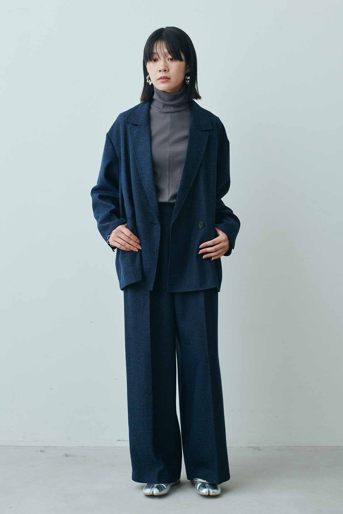 MEDE19F|MEDE19F　ツイードライクなリラックスダブルジャケット〈ネイビーミックス〉|モデル身長：163cm　着用サイズ：M