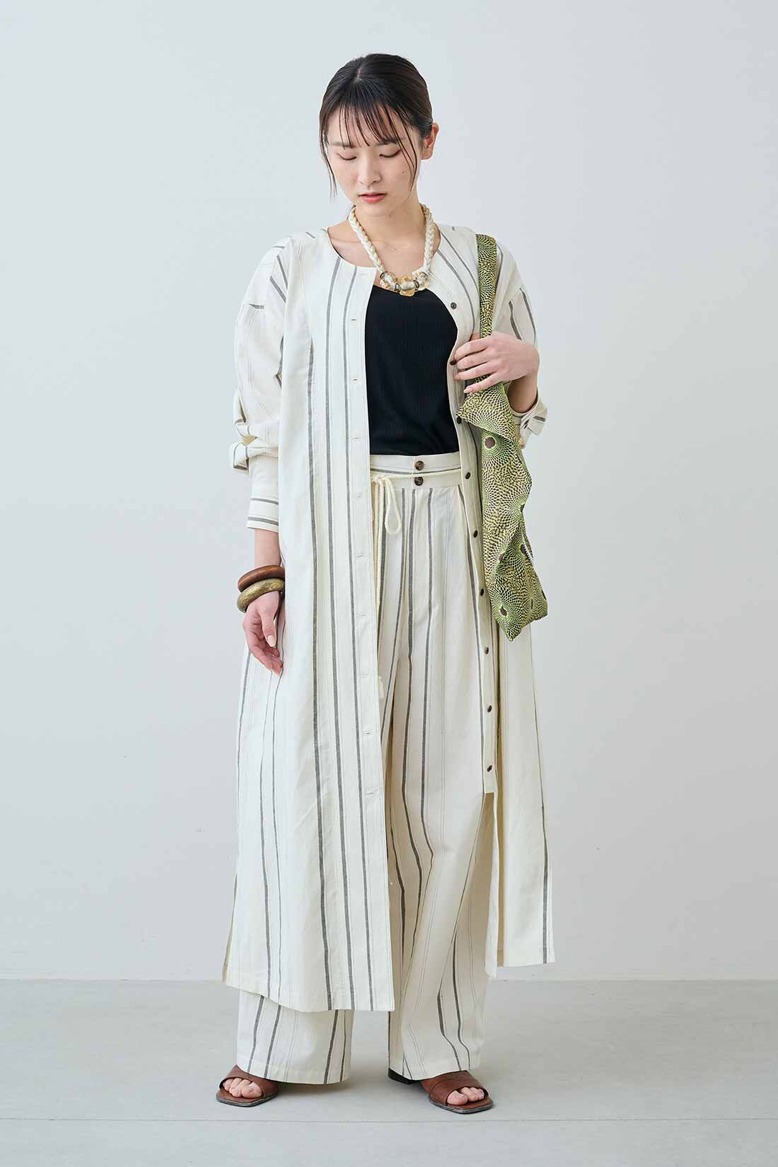 MEDE19F|MEDE19F　生地から仕込んだリネン混 ストライプのワンピース〈ナチュラル〉|モデル身長：162cm　着用サイズ：M