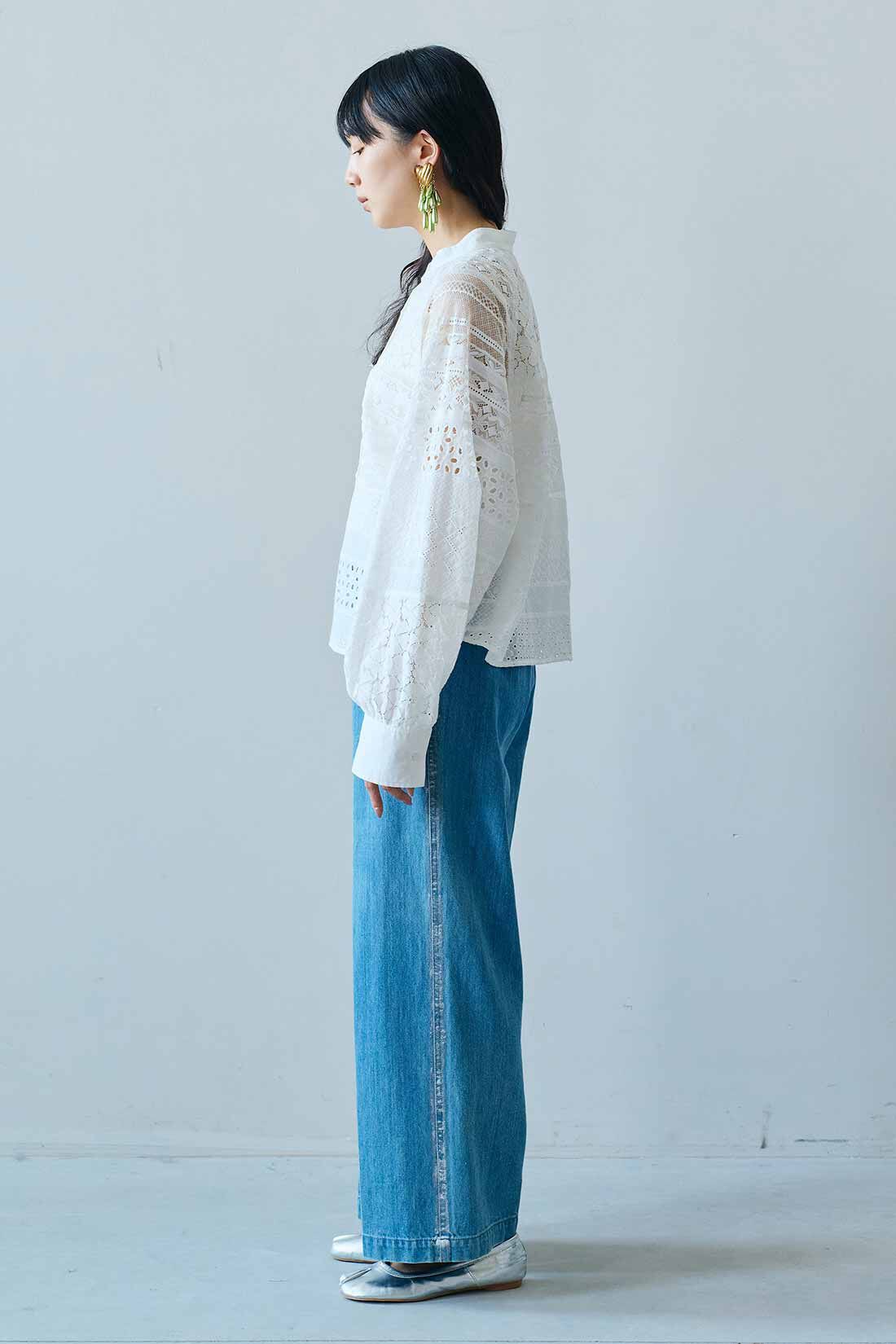MEDE19F|MEDE19F　パッチワークレースシャツ〈ホワイト〉|モデル身長：163cm　着用サイズ：M