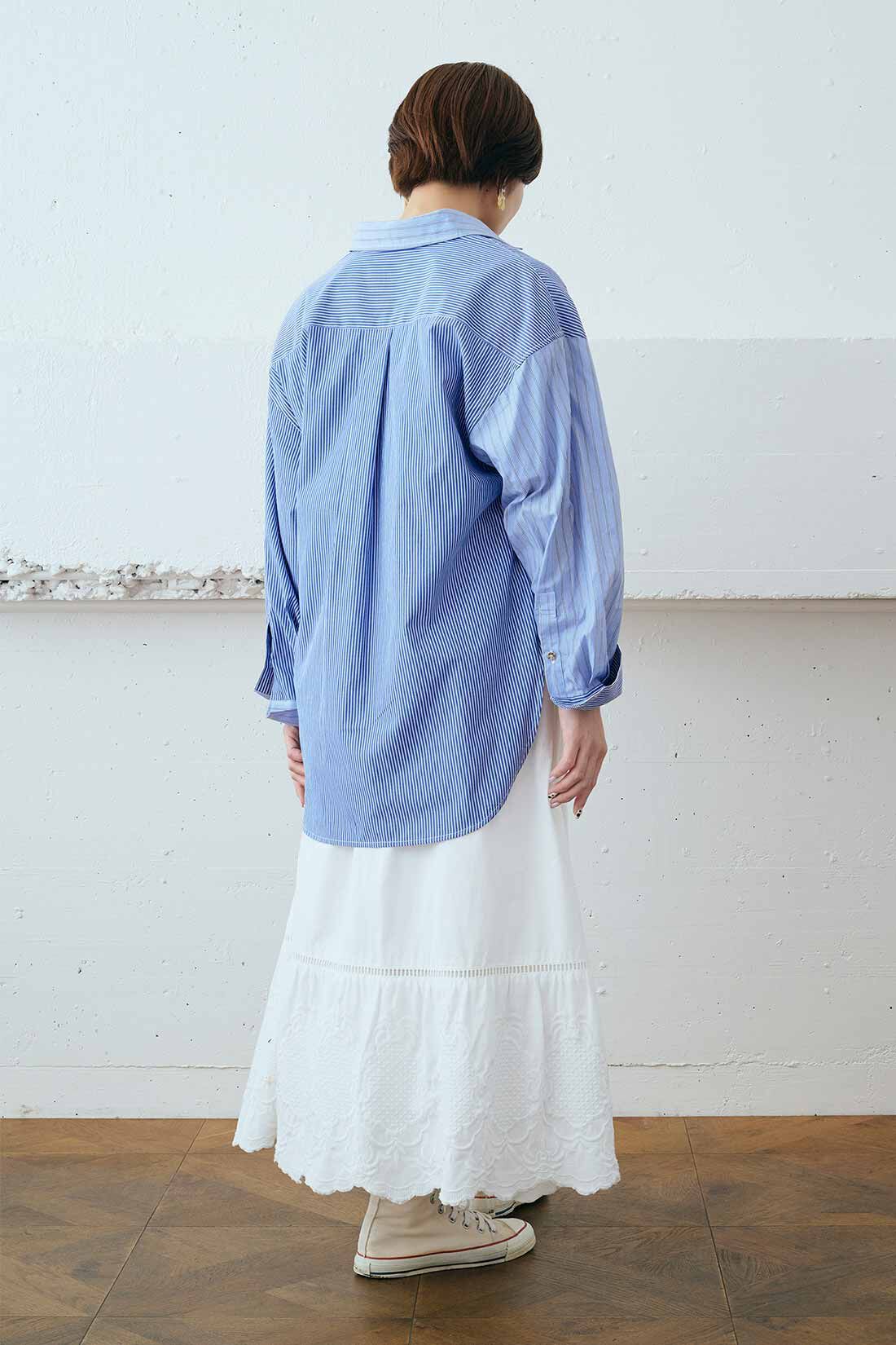 MEDE19F|MEDE19F　ミックスストライプシャツ〈ライトパープル〉|モデル身長：162cm　着用サイズ：M