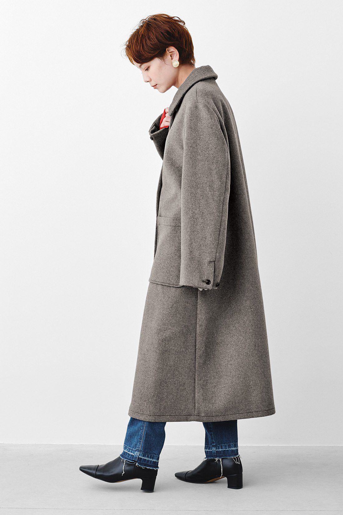 MEDE19F|【高山都さんコラボ】MEDE19F　ステンカラーロングコート〈グレー〉|モデル身長：157cm　着用サイズ：M