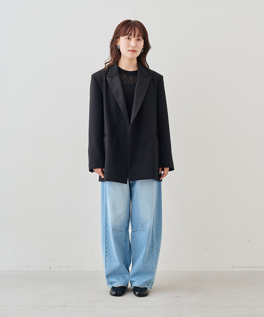 MEDE19F|MEDE19F　サテンラペルジャケット〈ブラック〉|モデル身長：156cm　着用サイズ：M
